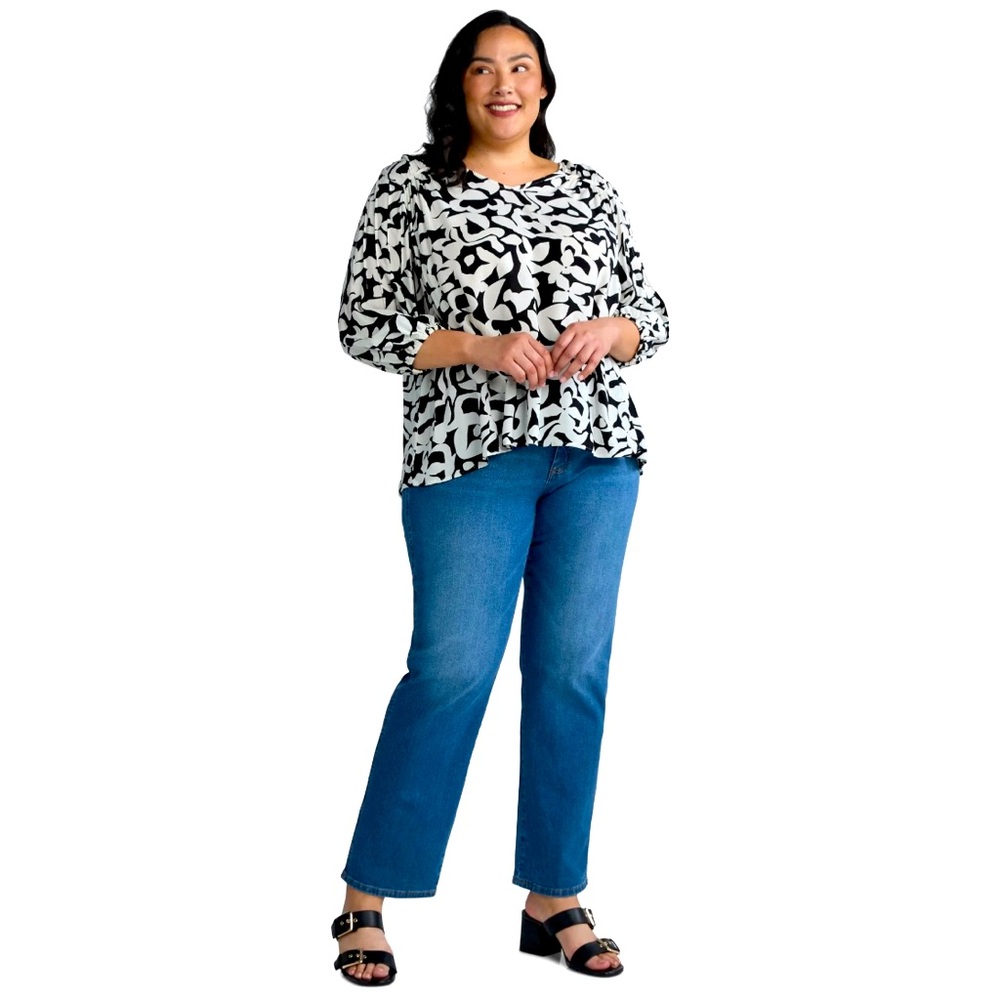 Terra & Sky Plus Size Poet Sleeve Blouse 3X, Abstract Floral, NWT